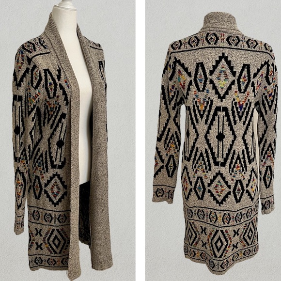 Aztec Print Cardigan Long Open Front Knit Sweater Tribal Native Pattern New - Picture 6 of 6